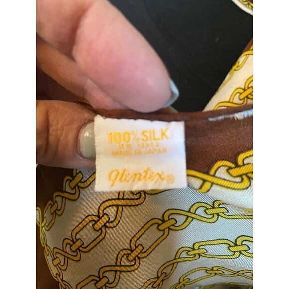 Glentex long silk scarf white brown trim gold chain pattern vintage - Picture 2 of 6